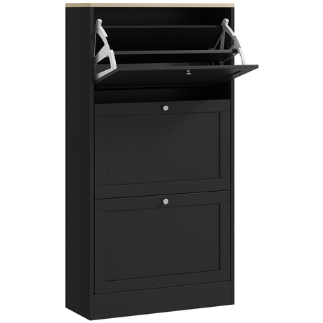 Wooden Shoe Storage Cabinet 60cm Wide With 3 Flip Doors And Light Oak Top - Velmora