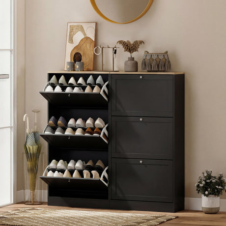 Wooden Shoe Storage Cabinet 60cm Wide With 3 Flip Doors And Light Oak Top - Velmora