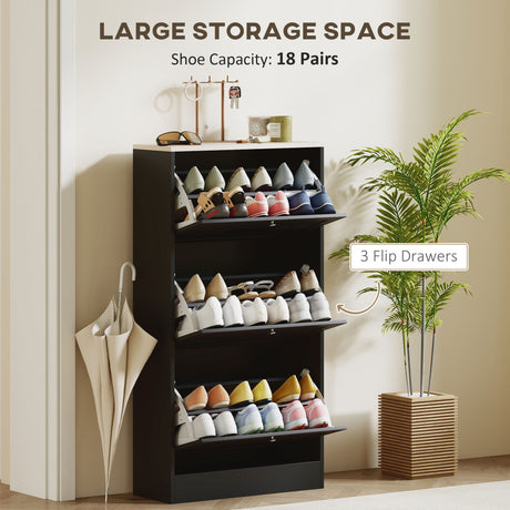 Wooden Shoe Storage Cabinet 60cm Wide With 3 Flip Doors And Light Oak Top - Velmora