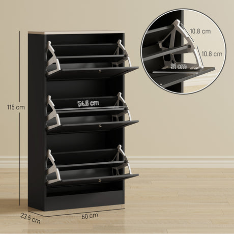 Wooden Shoe Storage Cabinet 60cm Wide With 3 Flip Doors And Light Oak Top - Velmora