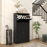 Wooden Shoe Storage Cabinet 60cm Wide With 3 Flip Doors And Light Oak Top - Velmora