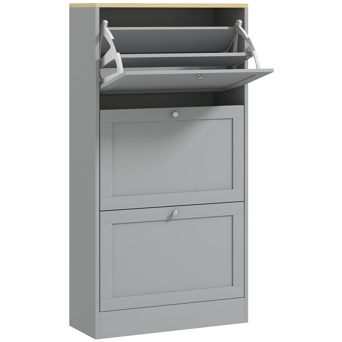 Wooden Shoe Storage Cabinet 60cm Wide With 3 Flip Doors And Light Oak Top - Velmora