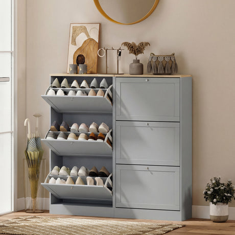 Wooden Shoe Storage Cabinet 60cm Wide With 3 Flip Doors And Light Oak Top - Velmora