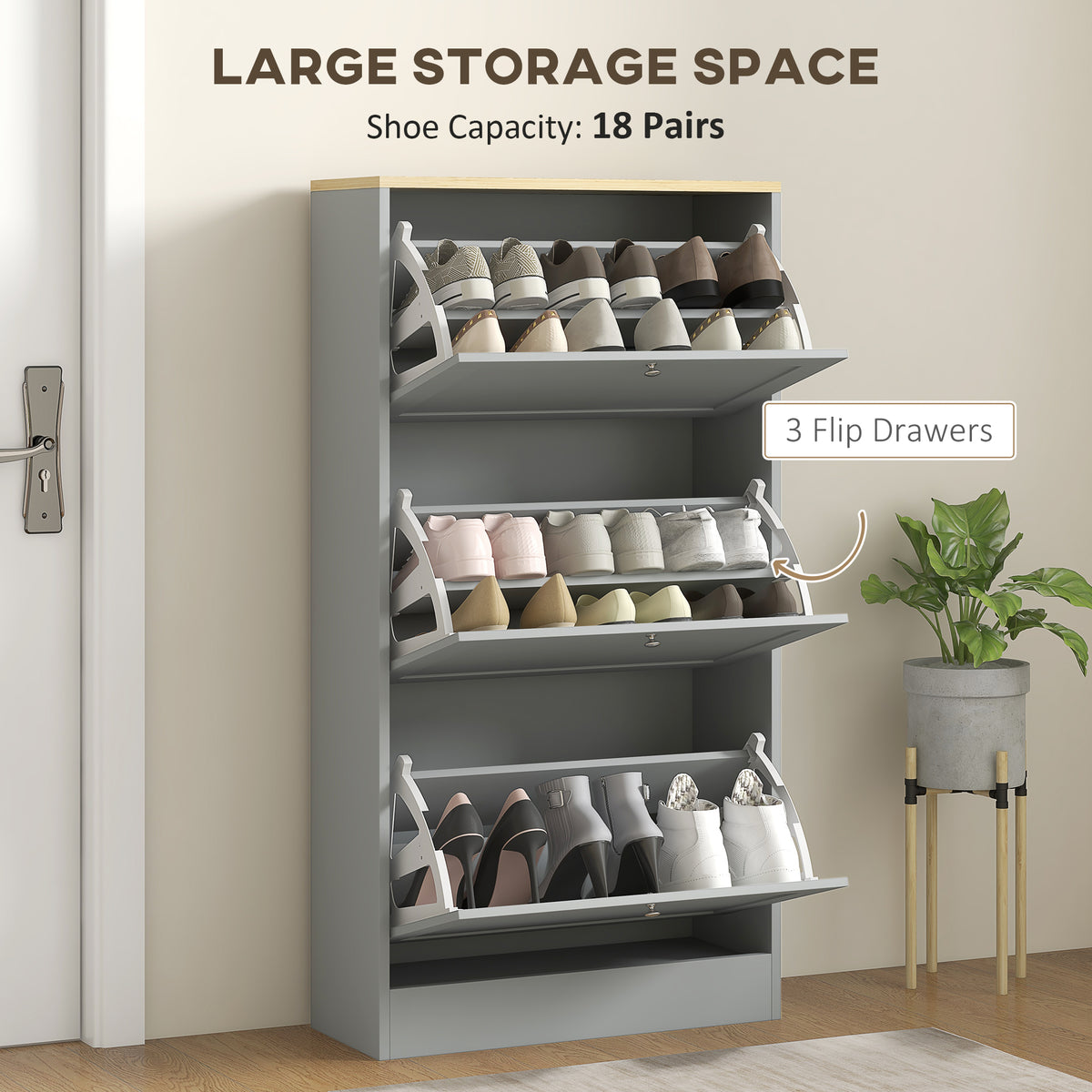 Wooden Shoe Storage Cabinet 60cm Wide With 3 Flip Doors And Light Oak Top - Velmora