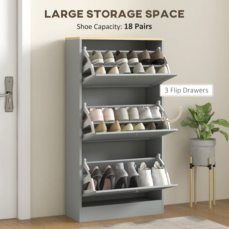 Wooden Shoe Storage Cabinet 60cm Wide With 3 Flip Doors And Light Oak Top - Velmora