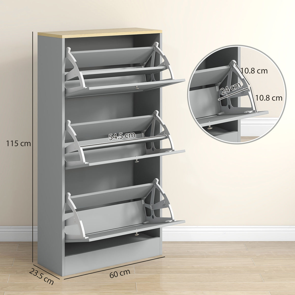 Wooden Shoe Storage Cabinet 60cm Wide With 3 Flip Doors And Light Oak Top - Velmora