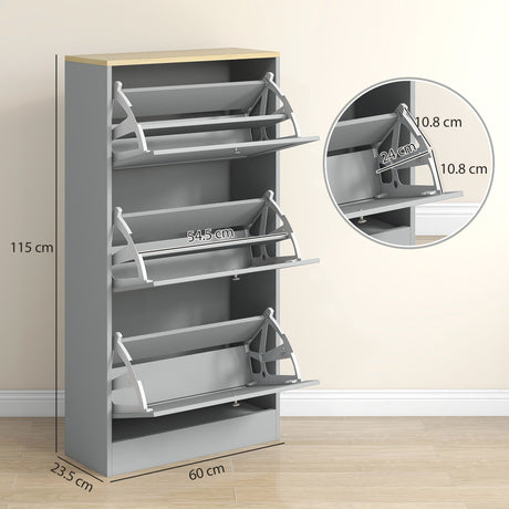 Wooden Shoe Storage Cabinet 60cm Wide With 3 Flip Doors And Light Oak Top - Velmora