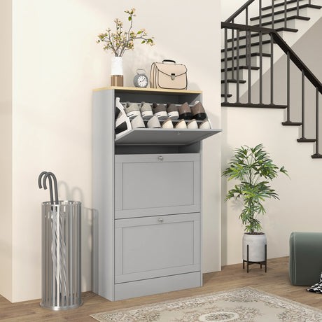 Wooden Shoe Storage Cabinet 60cm Wide With 3 Flip Doors And Light Oak Top - Velmora