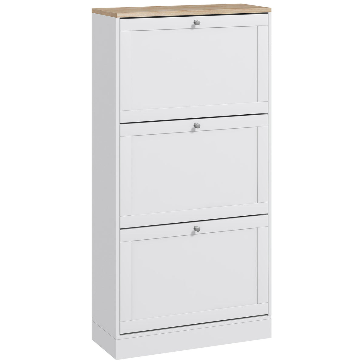 Wooden Shoe Storage Cabinet 60cm Wide With 3 Flip Doors And Light Oak Top - Velmora