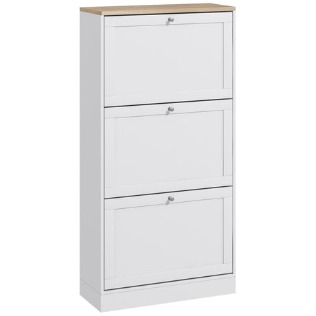 Wooden Shoe Storage Cabinet 60cm Wide With 3 Flip Doors And Light Oak Top - Velmora