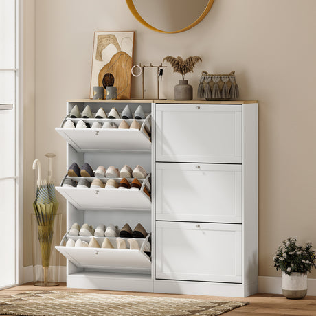 Wooden Shoe Storage Cabinet 60cm Wide With 3 Flip Doors And Light Oak Top - Velmora