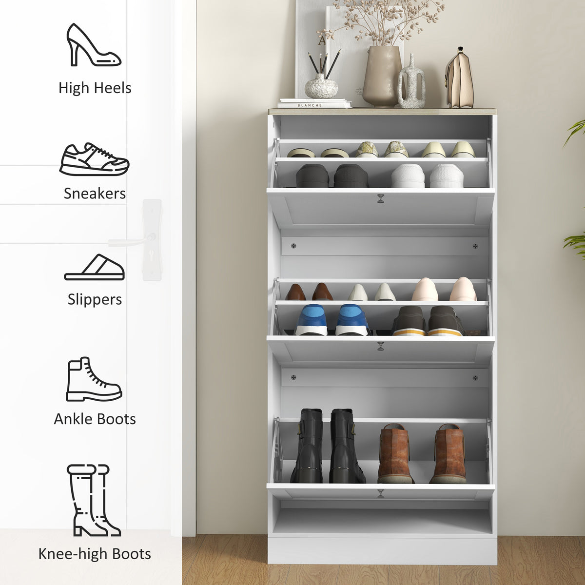 Wooden Shoe Storage Cabinet 60cm Wide With 3 Flip Doors And Light Oak Top - Velmora