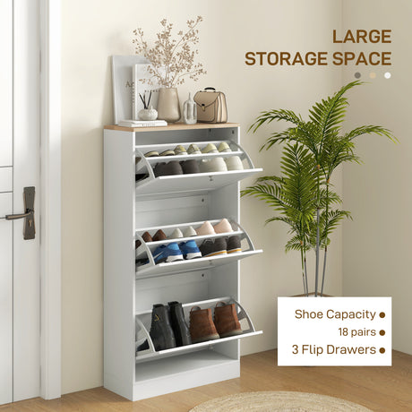 Wooden Shoe Storage Cabinet 60cm Wide With 3 Flip Doors And Light Oak Top - Velmora