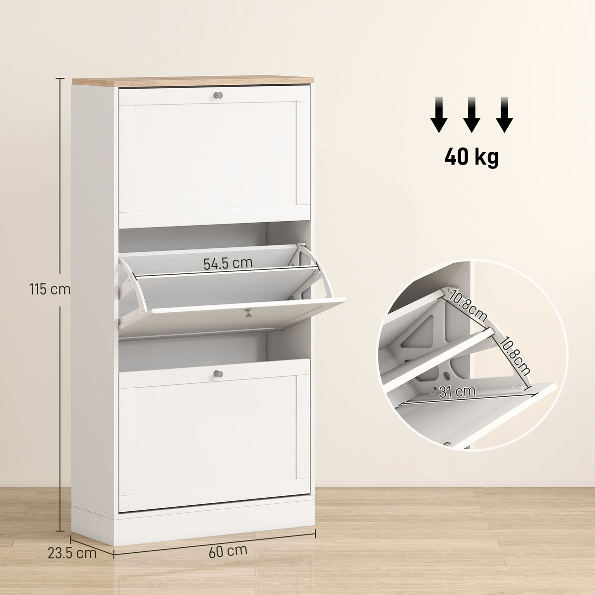 Wooden Shoe Storage Cabinet 60cm Wide With 3 Flip Doors And Light Oak Top - Velmora