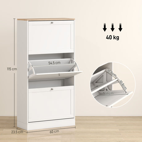 Wooden Shoe Storage Cabinet 60cm Wide With 3 Flip Doors And Light Oak Top - Velmora
