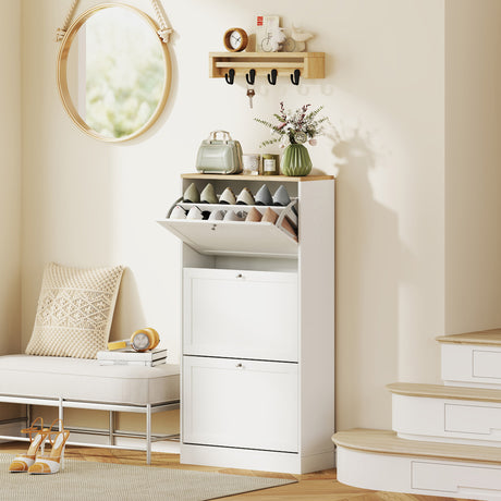 Wooden Shoe Storage Cabinet 60cm Wide With 3 Flip Doors And Light Oak Top - Velmora