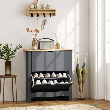 Wooden Shoe Storage Cabinet 72cm Wide With 2 Flip Doors And Oak Top - Velmora