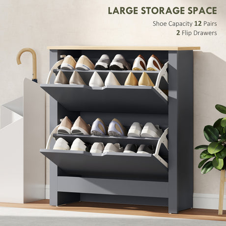 Wooden Shoe Storage Cabinet 72cm Wide With 2 Flip Doors And Oak Top - Velmora