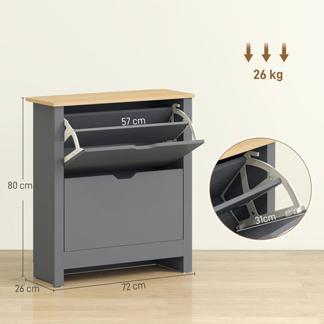Wooden Shoe Storage Cabinet 72cm Wide With 2 Flip Doors And Oak Top - Velmora