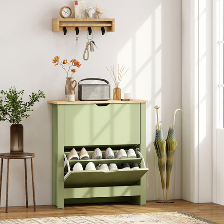 Wooden Shoe Storage Cabinet 72cm Wide With 2 Flip Doors And Oak Top - Velmora