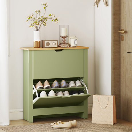 Wooden Shoe Storage Cabinet 72cm Wide With 2 Flip Doors And Oak Top - Velmora