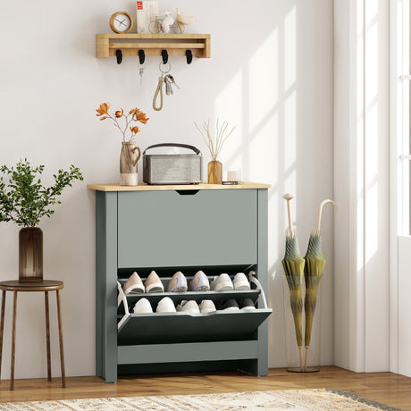 Wooden Shoe Storage Cabinet 72cm Wide With 2 Flip Doors And Oak Top - Velmora