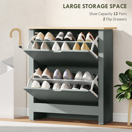 Wooden Shoe Storage Cabinet 72cm Wide With 2 Flip Doors And Oak Top - Velmora