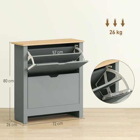 Wooden Shoe Storage Cabinet 72cm Wide With 2 Flip Doors And Oak Top - Velmora