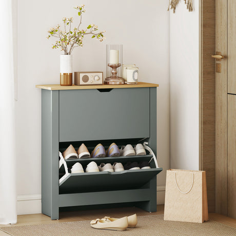 Wooden Shoe Storage Cabinet 72cm Wide With 2 Flip Doors And Oak Top - Velmora
