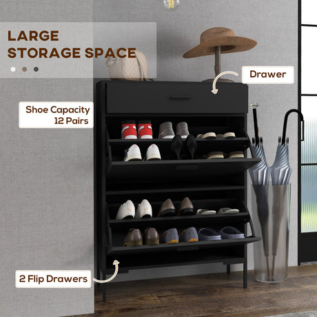 Wooden Shoe Storage Cabinet 75cm Wide With 2 Flip Doors And 1 Drawer - Velmora