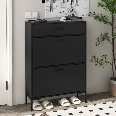 Wooden Shoe Storage Cabinet 75cm Wide With 2 Flip Doors And 1 Drawer - Velmora