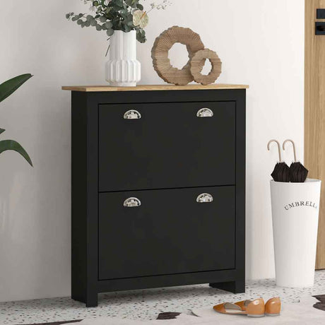 Wooden Shoe Storage Cabinet 79cm Wide With 2 Flip Doors - Velmora