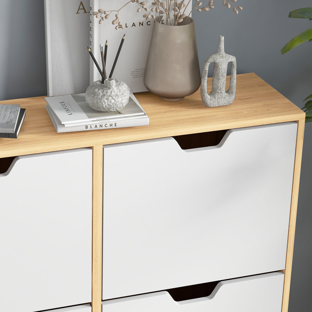 Wooden Shoe Storage Cabinet 95cm Wide With 4 Flip Doors - Velmora