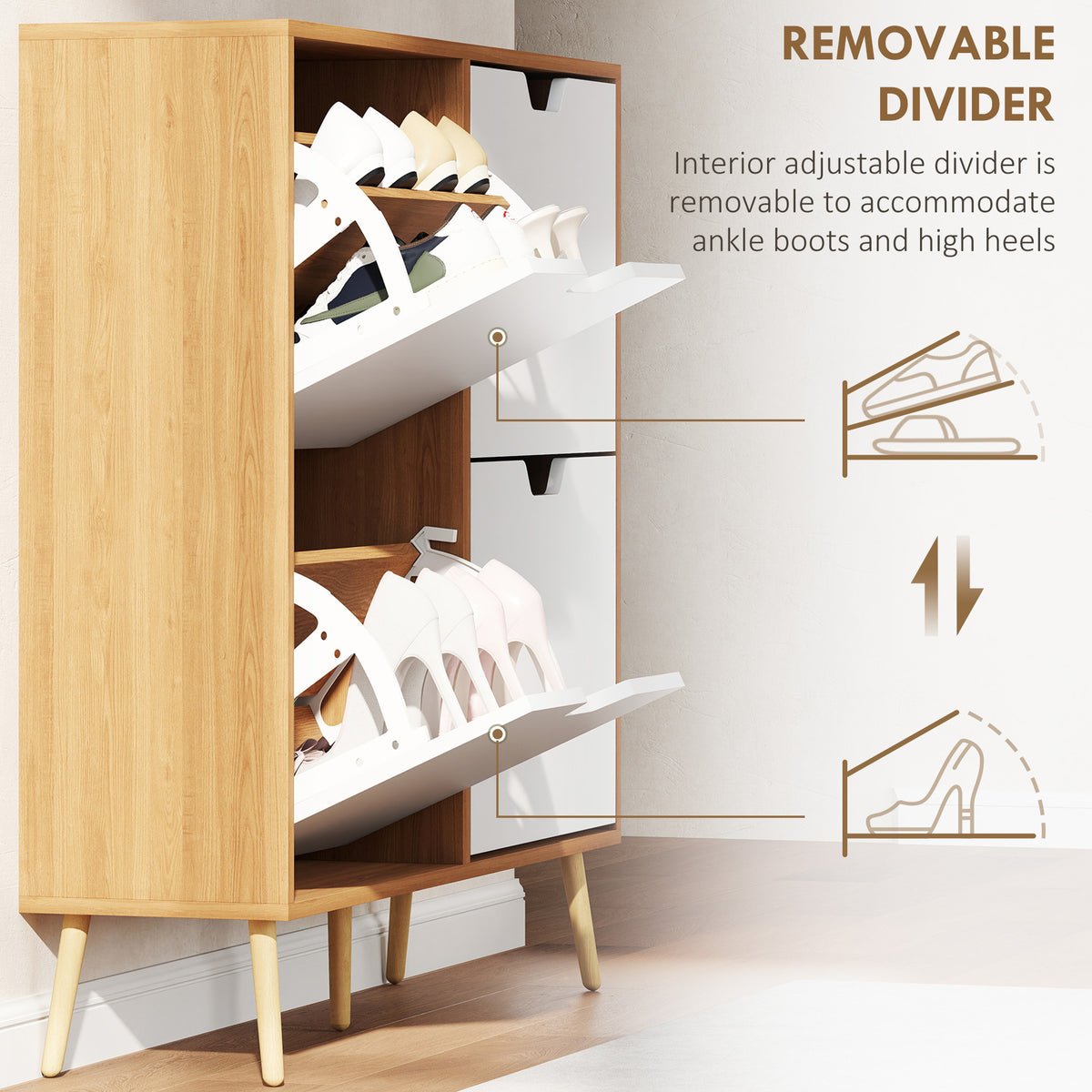 Wooden Shoe Storage Cabinet 95cm Wide With 4 Flip Doors - Velmora