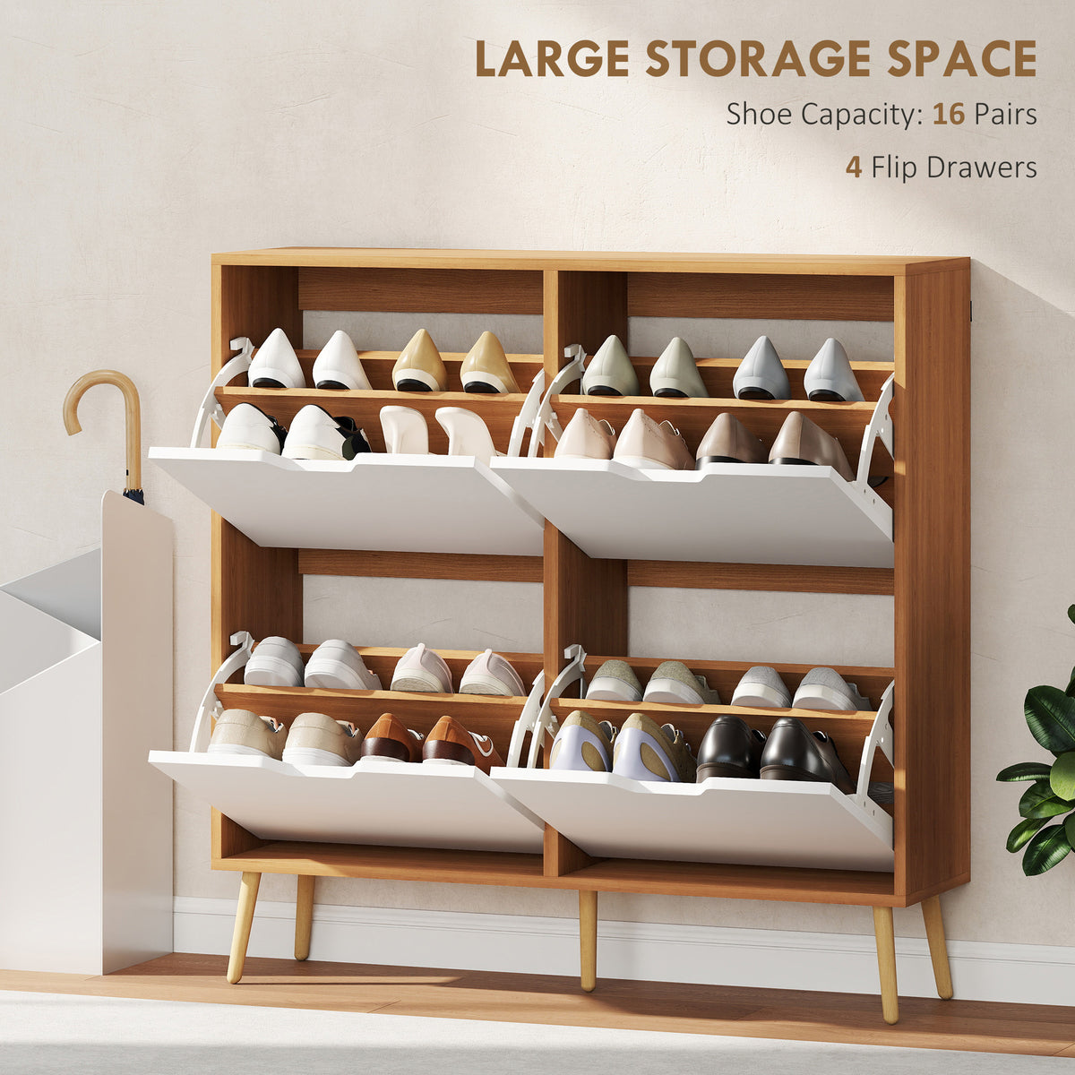 Wooden Shoe Storage Cabinet 95cm Wide With 4 Flip Doors - Velmora