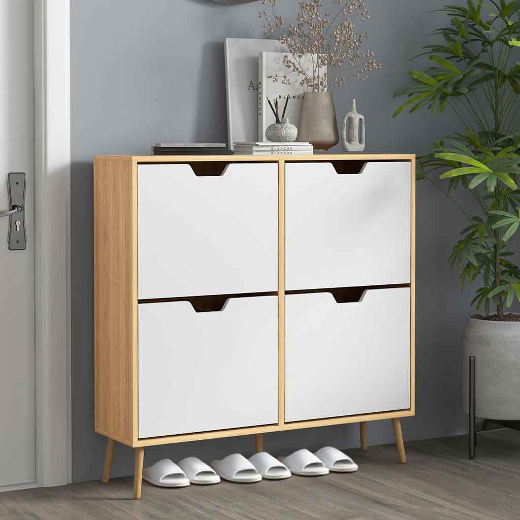 Wooden Shoe Storage Cabinet 95cm Wide With 4 Flip Doors - Velmora