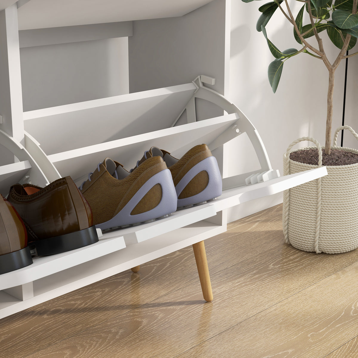 Wooden Shoe Storage Cabinet 95cm Wide With 4 Flip Doors - Velmora