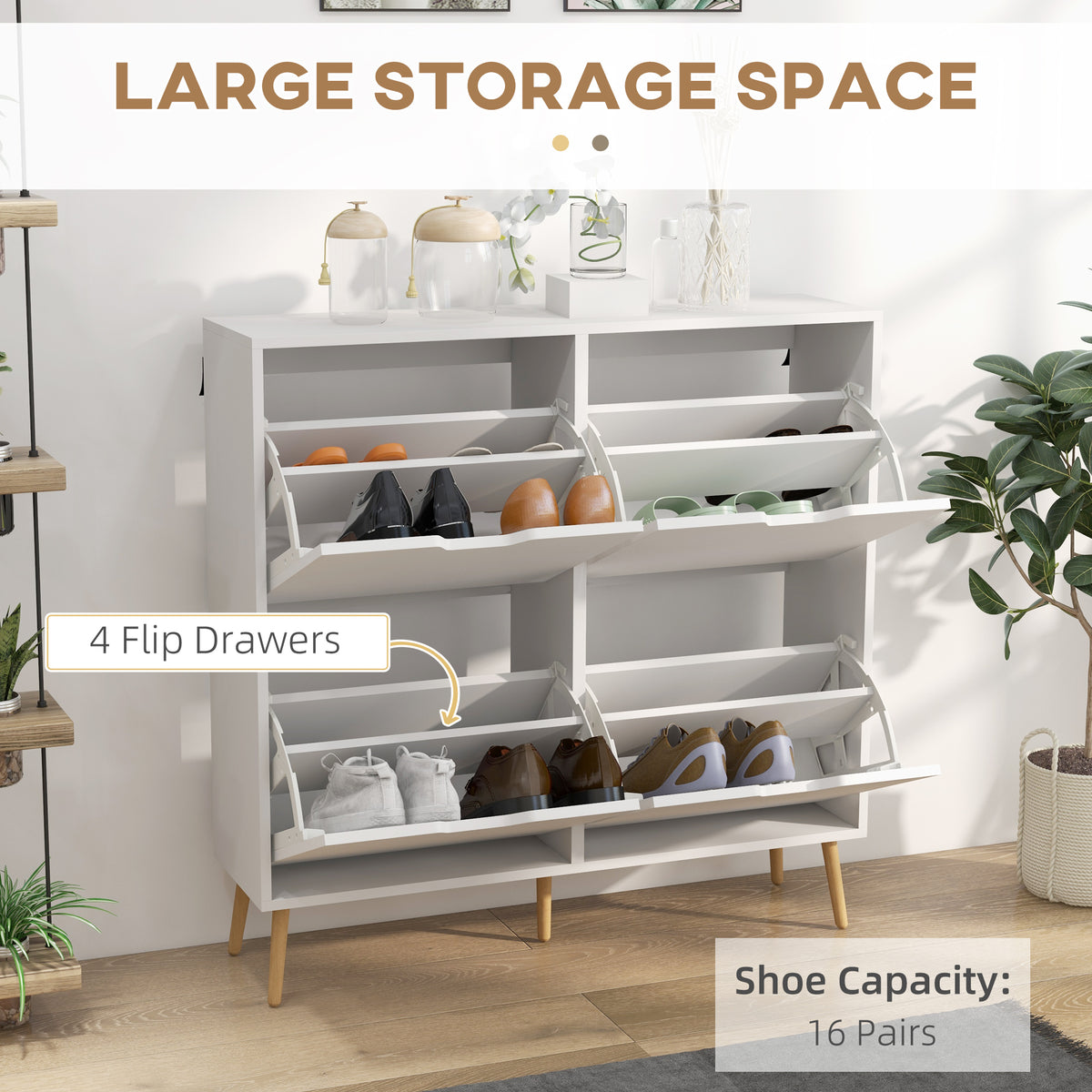 Wooden Shoe Storage Cabinet 95cm Wide With 4 Flip Doors - Velmora