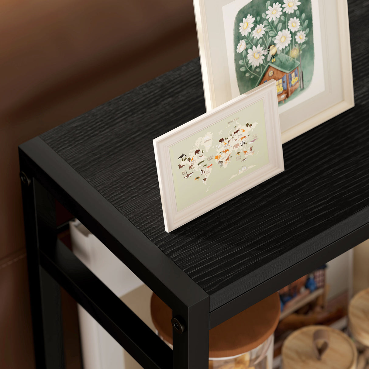 Wooden Side Table 18cm Wide With Steel Frame - Velmora