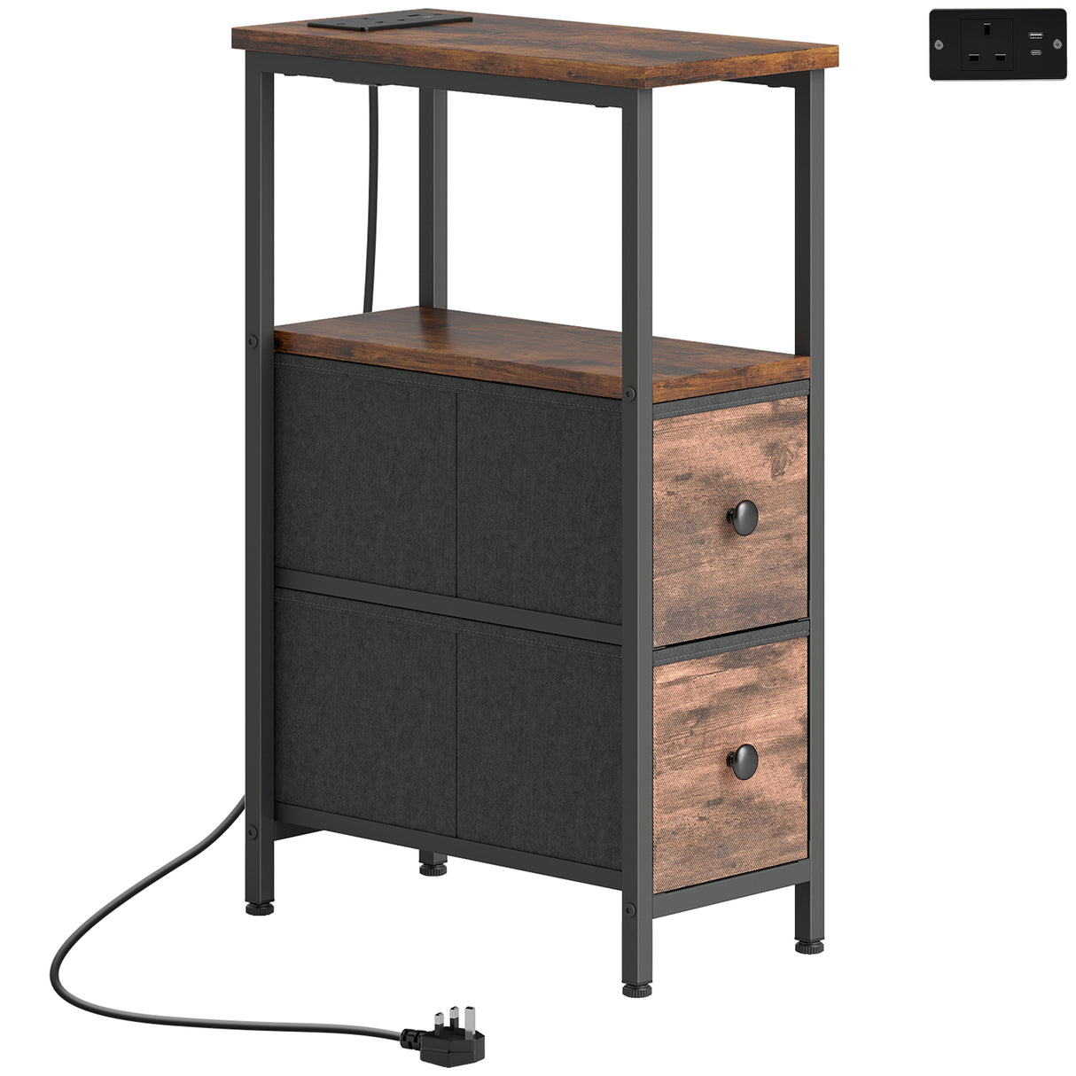 Wooden Side Table 20cm Wide With 2 Drawers With Steel Frame - Velmora