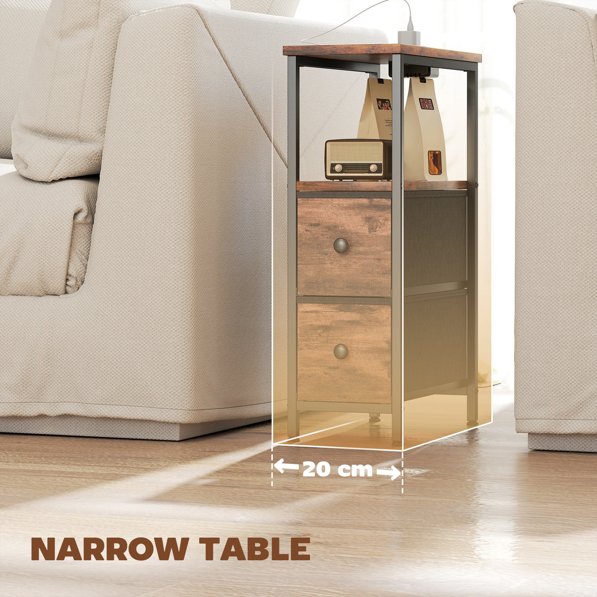 Wooden Side Table 20cm Wide With 2 Drawers With Steel Frame - Velmora