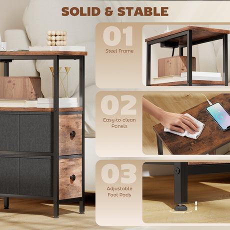 Wooden Side Table 20cm Wide With 2 Drawers With Steel Frame - Velmora