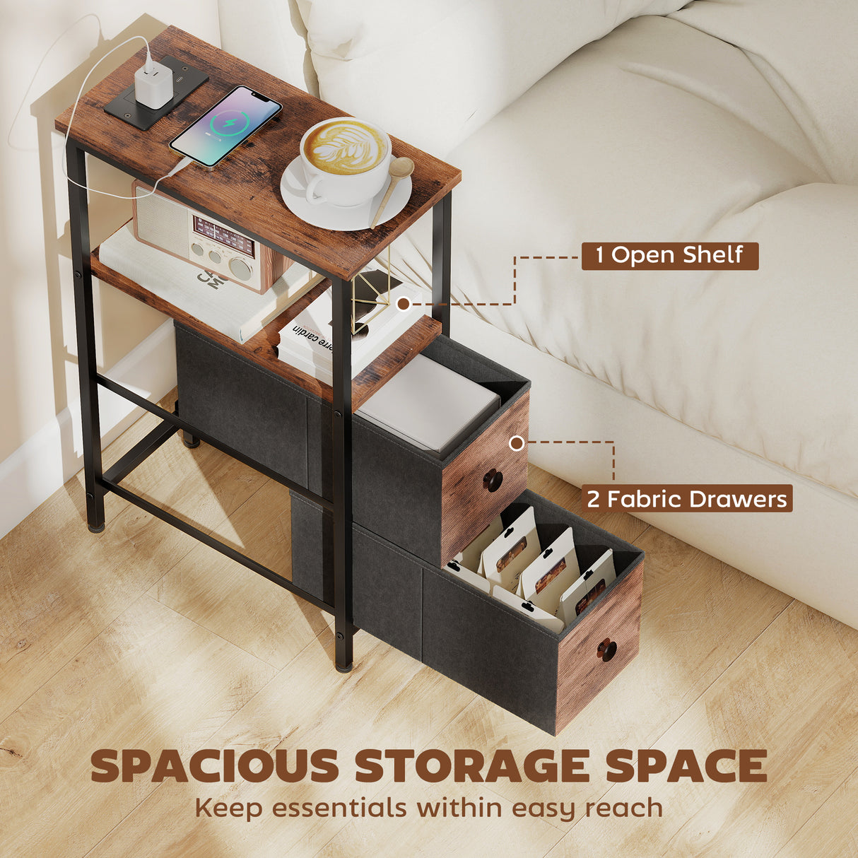 Wooden Side Table 20cm Wide With 2 Drawers With Steel Frame - Velmora