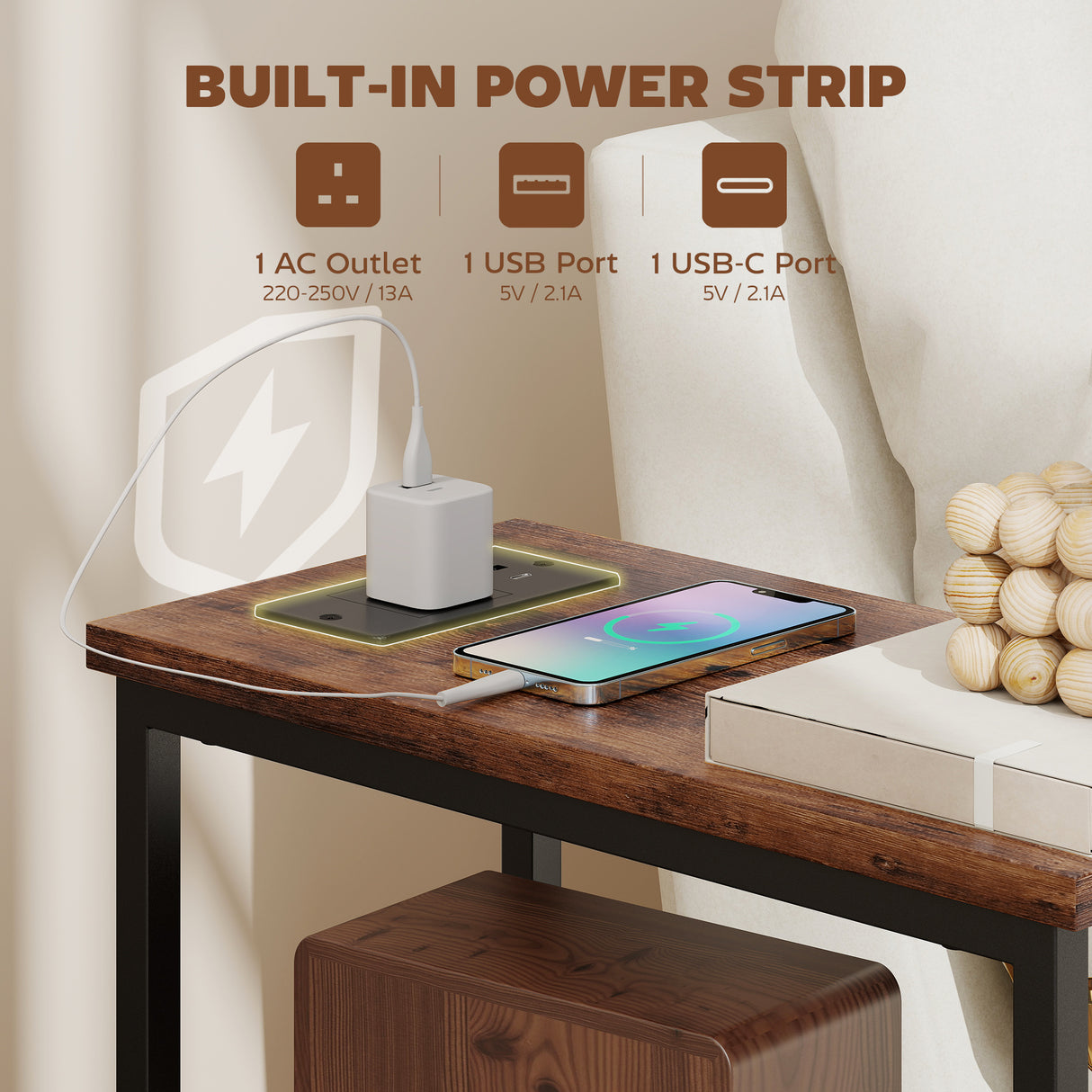 Wooden Side Table 20cm Wide With 2 Drawers With Steel Frame - Velmora
