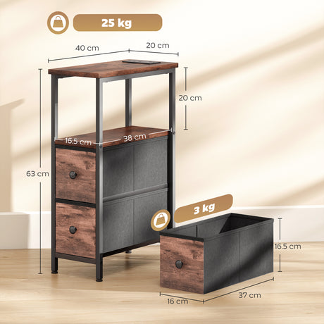 Wooden Side Table 20cm Wide With 2 Drawers With Steel Frame - Velmora
