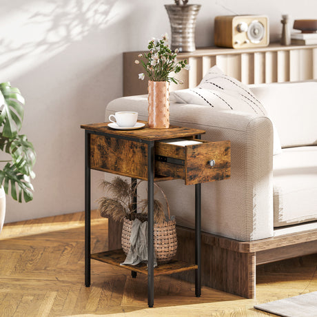 Wooden Side Table 25cm Wide With 1 Drawer And Metal Frame - Velmora