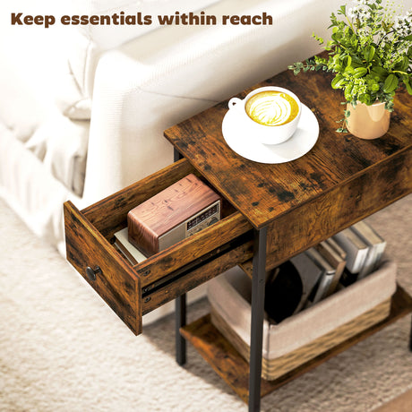 Wooden Side Table 25cm Wide With 1 Drawer And Metal Frame - Velmora