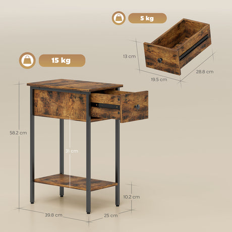 Wooden Side Table 25cm Wide With 1 Drawer And Metal Frame - Velmora