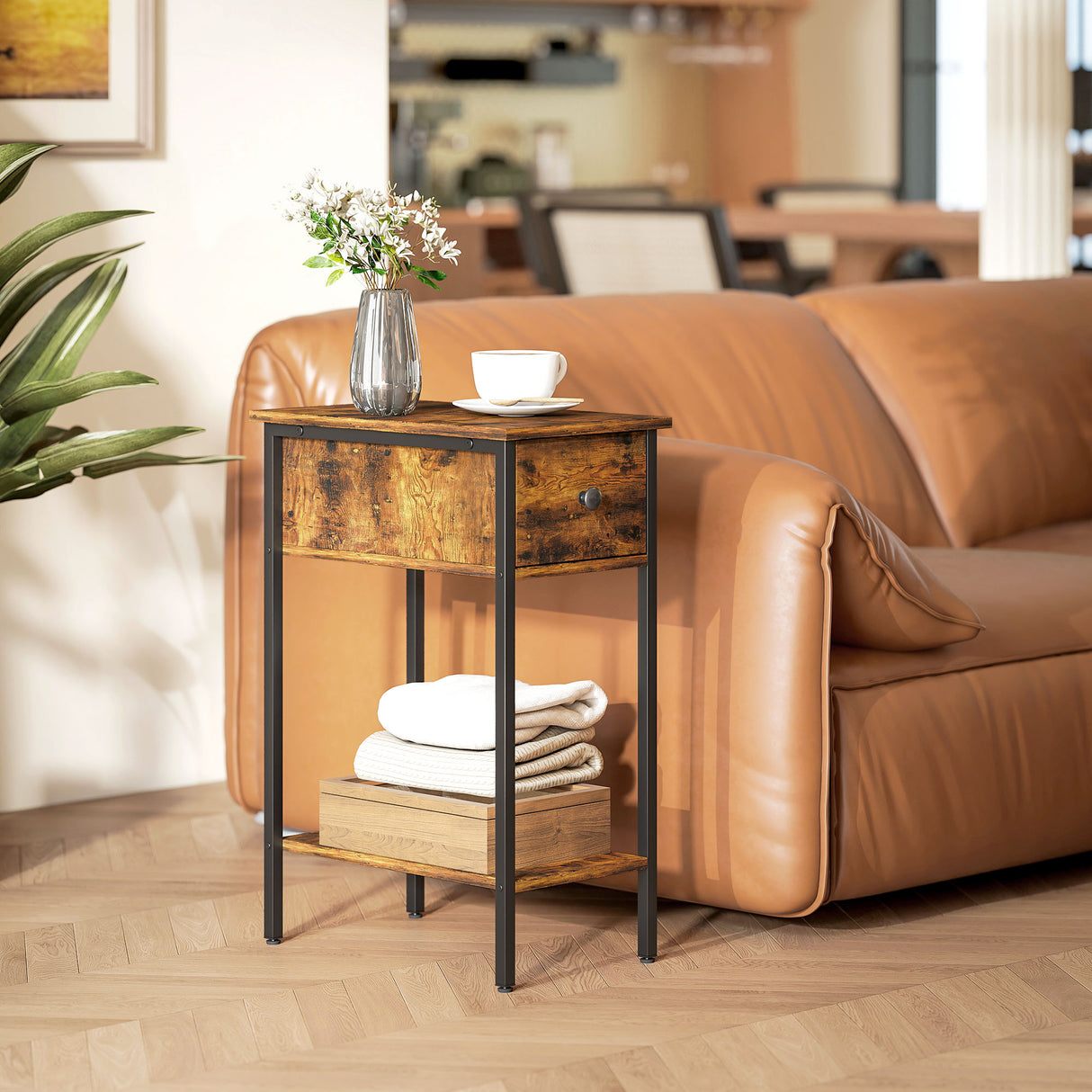 Wooden Side Table 25cm Wide With 1 Drawer And Metal Frame - Velmora