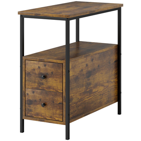 Wooden Side Table 30cm Wide With 2 Drawers And Metal Frame - Velmora